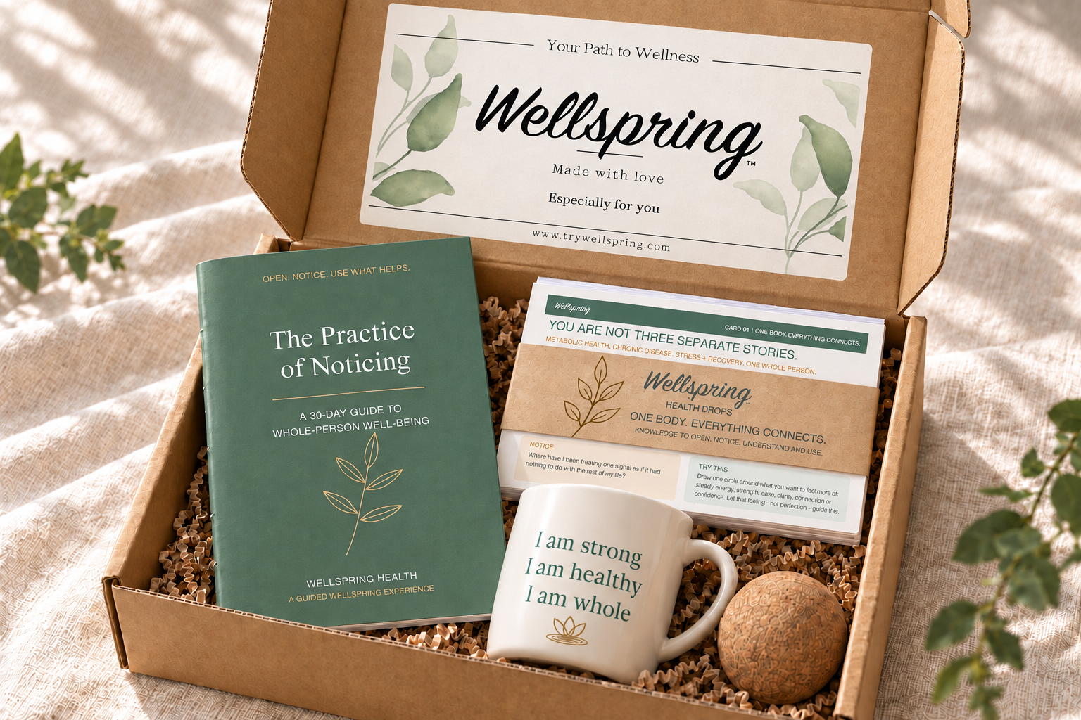 The Wellspring flagship employee experience with journal, health education cards, affirmation mug and massage ball